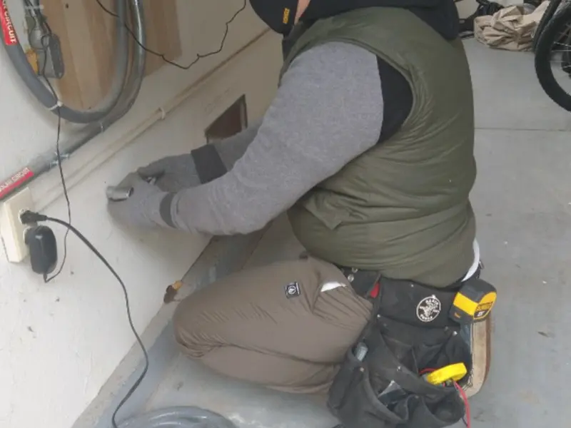 Electrician performing outlet wiring in a Strawberry Plains garage
